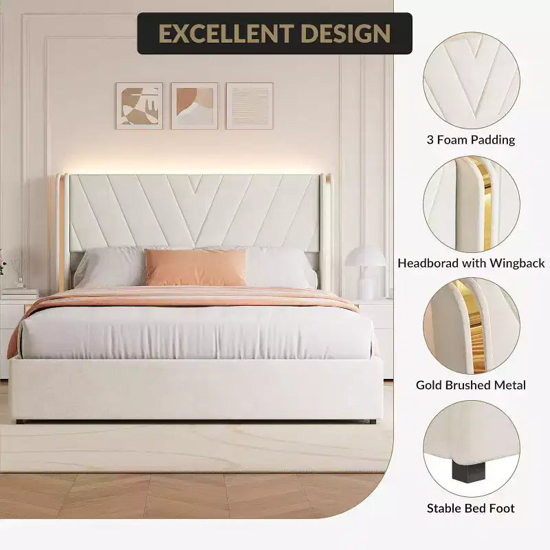 Upholstered Bed Frame,Queen Size Bedframe with 4 Storage Drawers,Velvet Platform with Wingback Headboard,No Box Spring Needed,Noise Free,Easy Assembly