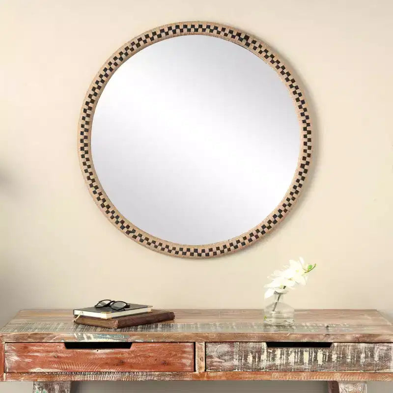 32"x32" Wooden Handmade Woven Checkered Wall Mirror Brown - Olivia & May