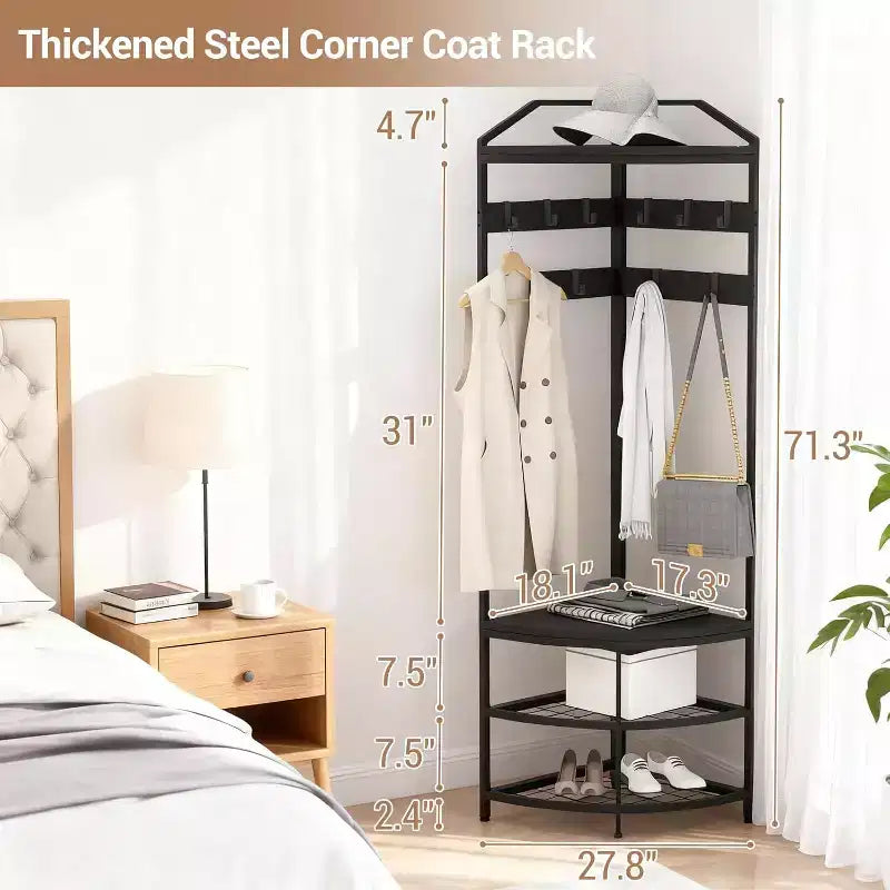 Corner Hall Tree with Shoe Rack Entryway Coat Rack with 6 Metal Movable Hooks Floor Standing Clothes Racks Shoes Shelf Organizer for Bedroom Entryway