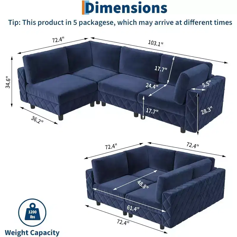 Acekool 134 Modular Sectional Sofa, 4-Seat L-Shaped Velvet Couch with High-Density Cushions, Upholstered Cloud Sofa,Blue