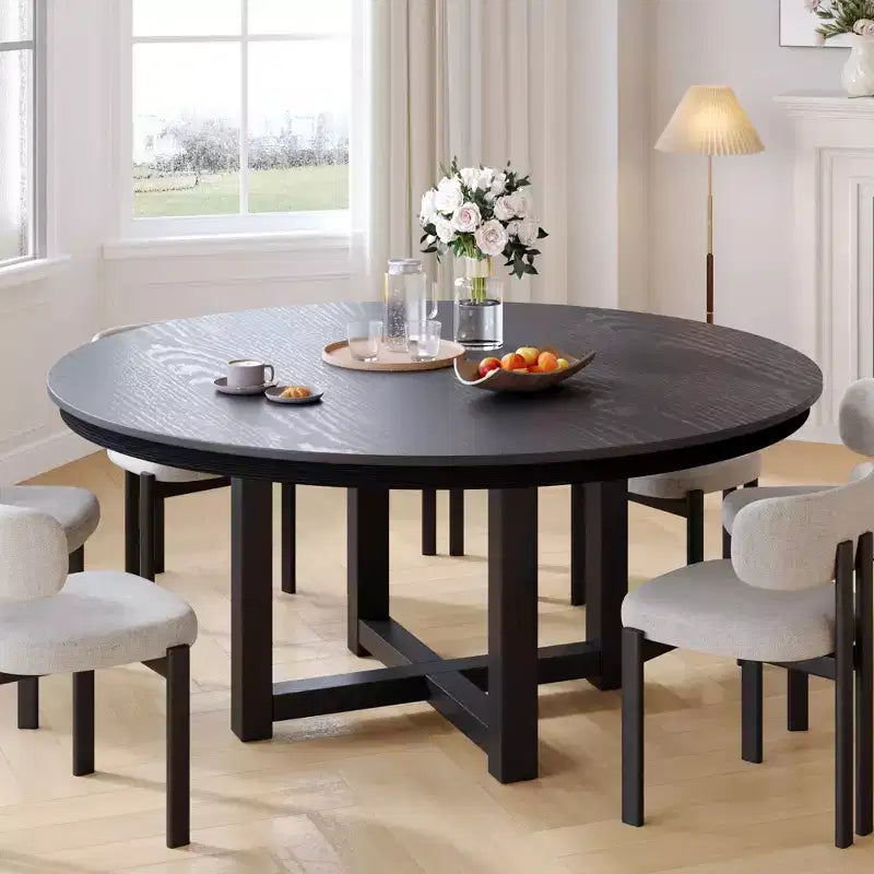 PexFix 59 x 59 Solid Wood Farmhouse Dining Table Round Wood Texture Top with Cross X Base for Modern Dining Rooms & Family Gatherings Black