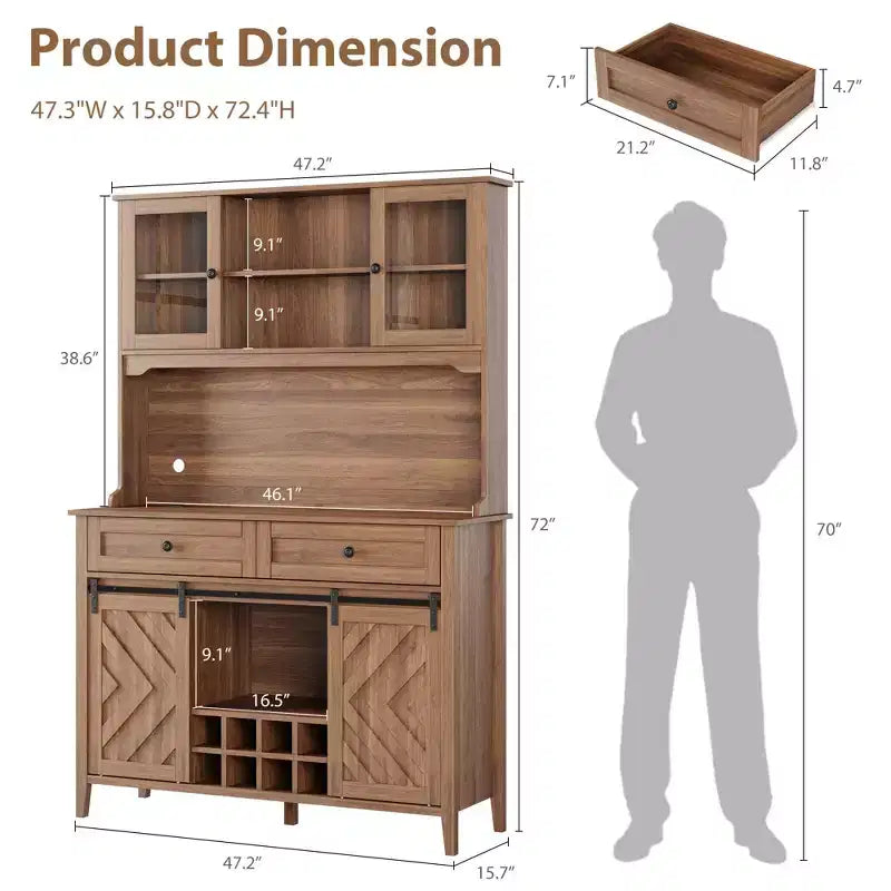 182.5 cm Freestanding Kitchen Pantry Cabinet with Sliding Barn Door and 2 Drawers