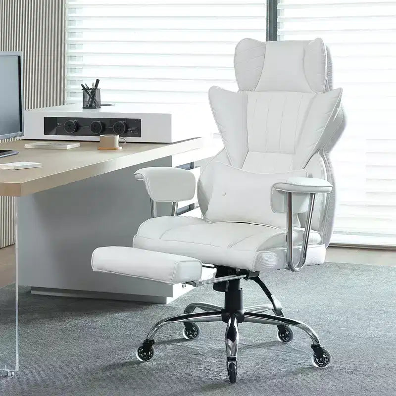 VEVOR Reclining Office Chair with Footrest, Heavy Duty PU Leather Wide Office Chair, Big and Tall Executive Office Chairs with Lumbar Support, White