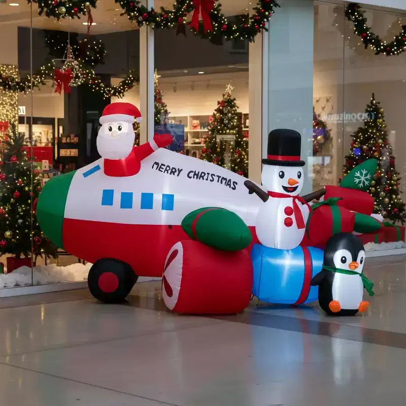 Gymax 9' Xmas Inflatable Santa Claus on Helicopter w/ Snowman & Penguin Waterproof Outdoor Decoration w/ LED Lights & Sandbags