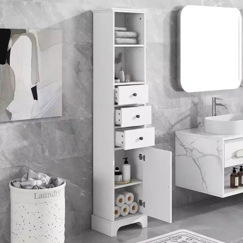 Tall Bathroom Cabinet with 3 Drawers and Adjustable Shelves