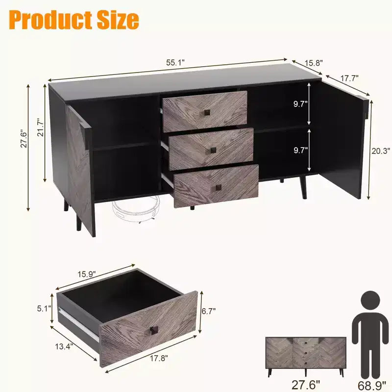 55.1 W Walnut Wood Storage Cabinet w/3 Drawers & 2 Doors, Contemporary Freestanding Storage Accent Cabinet for Living Room, Dining Room