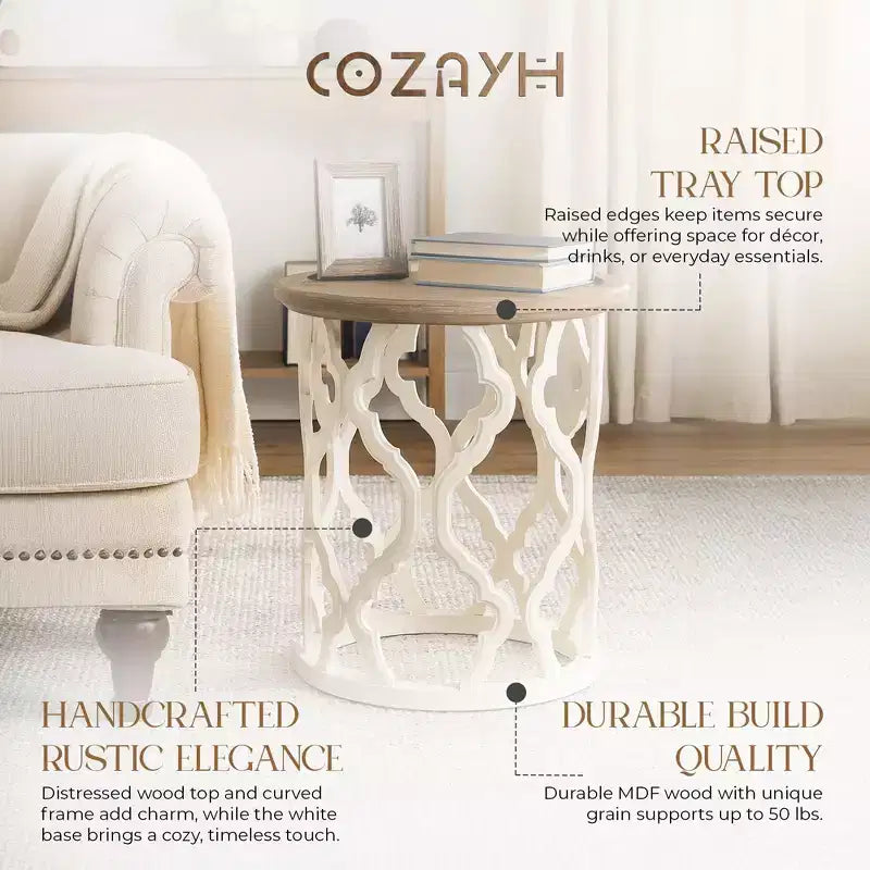COZAYH Rustic Table Round Accent Wood Tray Top Curved Base Furniture, Set of 2