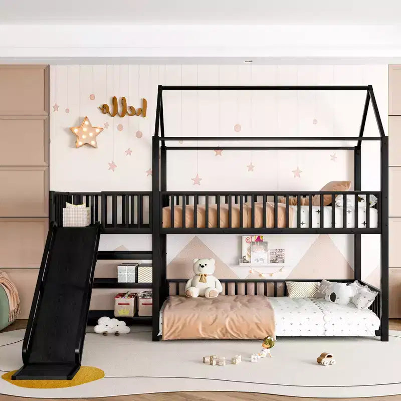 Twin/Full Metal House Bunk Bed with Storage Stairs, Slide & Safety Rails – Black