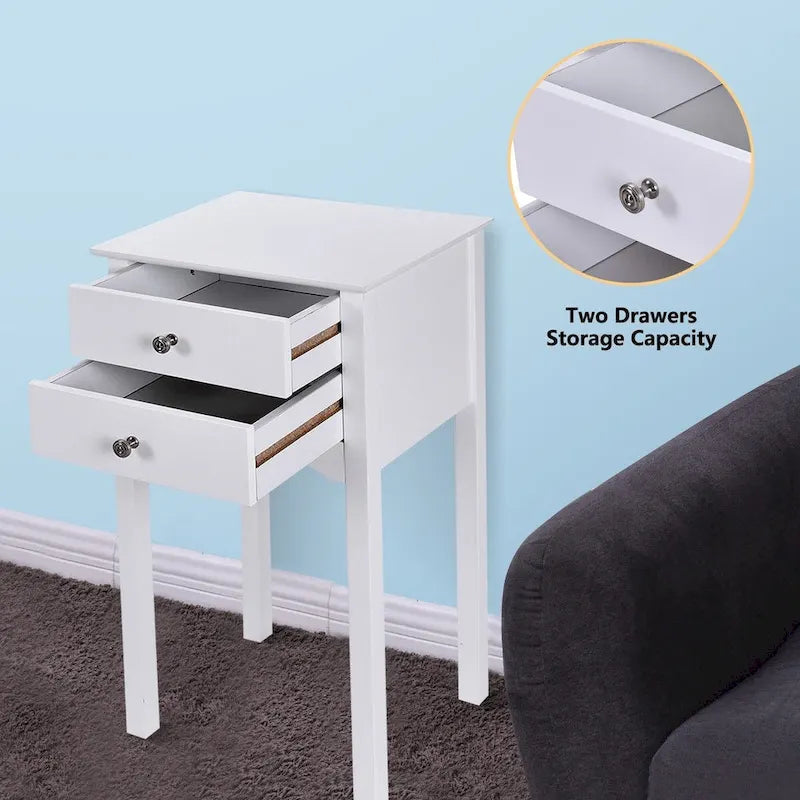 White 2-Drawer Side Table, 16 x 13 x 30 in.