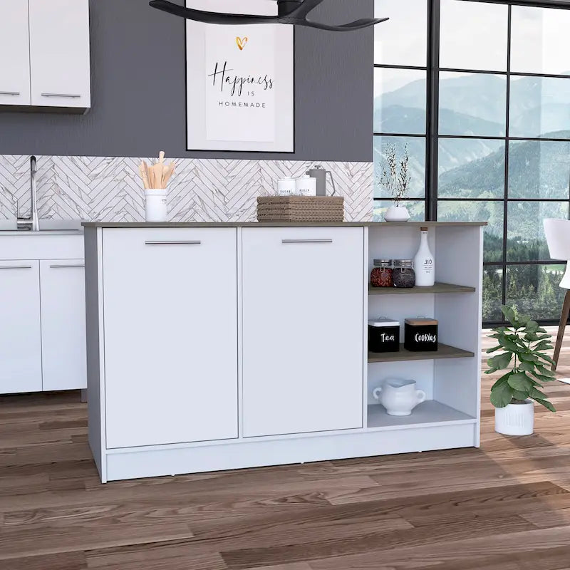 White and Dark Brown Stationary Kitchen Island with 2 Cabinets and 3 Open Shelves