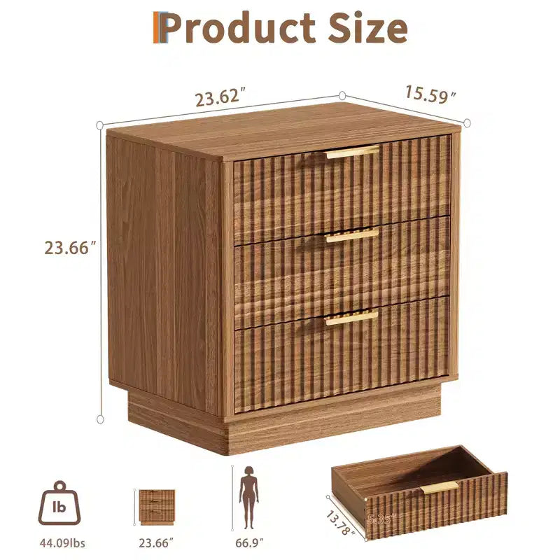 23.6 Wide Fluted Design Nightstand with 3 Large Storage Drawers,Mid Century Modern Wooden Bedside Table with Metal Handles for Bedroom & Living Room