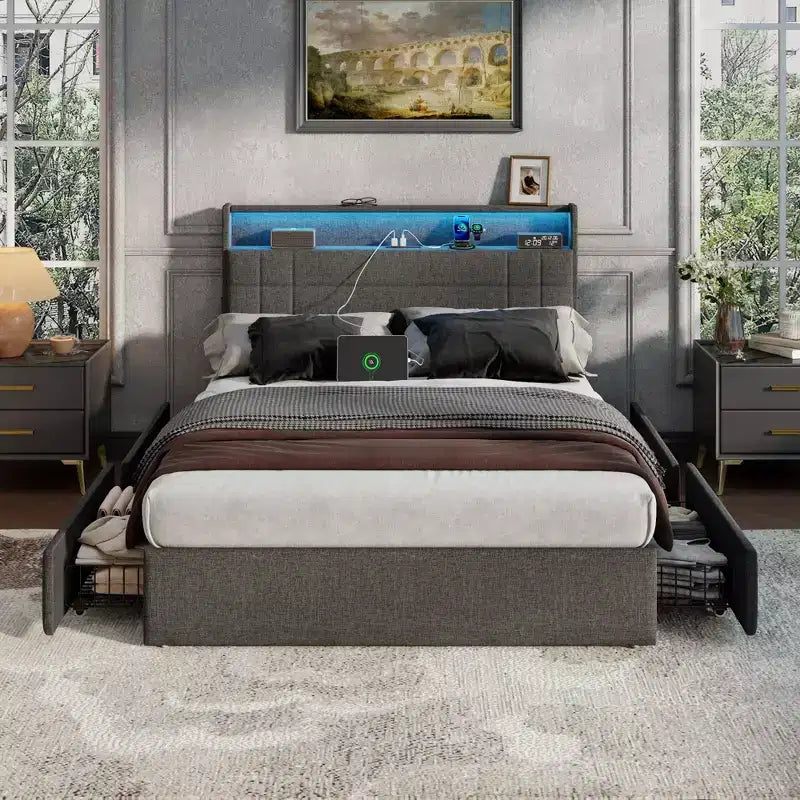 Full Size Upholstered Platform Bed �C 4 Storage Drawers, LED Lights & Charging Station, Gray