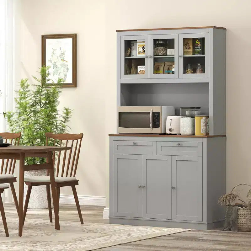 HOMCOM 71 Tall Kitchen Pantry Storage Cabinet with 2 Drawers, Microwave Cabinet with Adjustable Shelves and Glass Doors, Gray