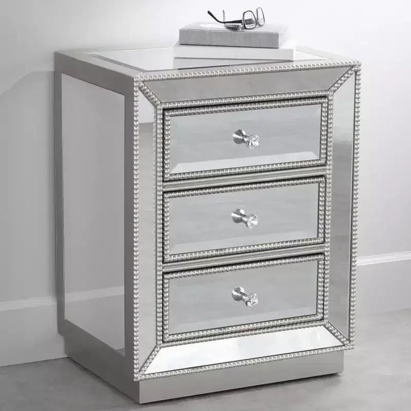 Coast to Coast Accents Trevi Modern Mirrored Rectangular Accent Table 20 x 15 with 3-Drawer Silver Beaded Trim for Living Room Bedroom Bedside House