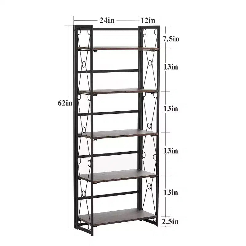 VECELO Folding Bookshelf, 5 Shelf Folding Bookcase, Industrial Metal Freestanding Shelves Rack Organizer for Living Room or Bedroom, Brown