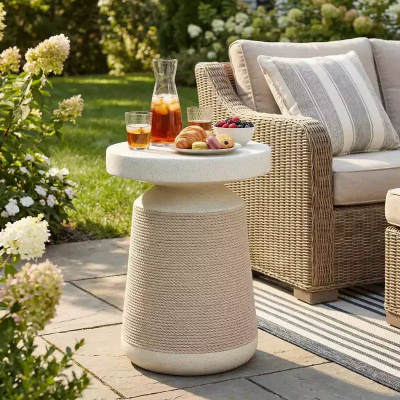 Simulated Rattan&Stone Patio End Table Indoor&Outdoor Side Table, Weather-Resistant Decorative Accent Table Garden Plant Stand - ModernLuxe