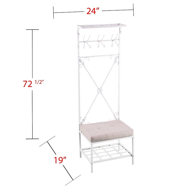 Hall Tree Coat Rack with Cushioned Seat, 12 Hooks, 2 Shelves, Distressed White Iron