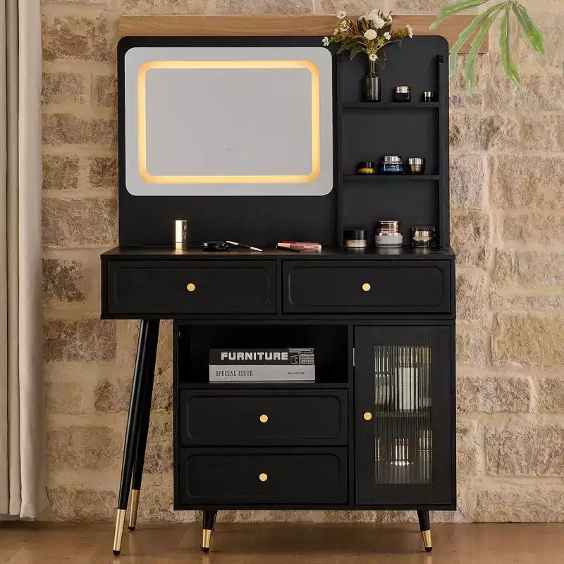 GDFStudio Ramon 4-Drawer Vanity Set with Stool, Dimmable Mirror, Power Outlet and Adjustable Side Cabinet
