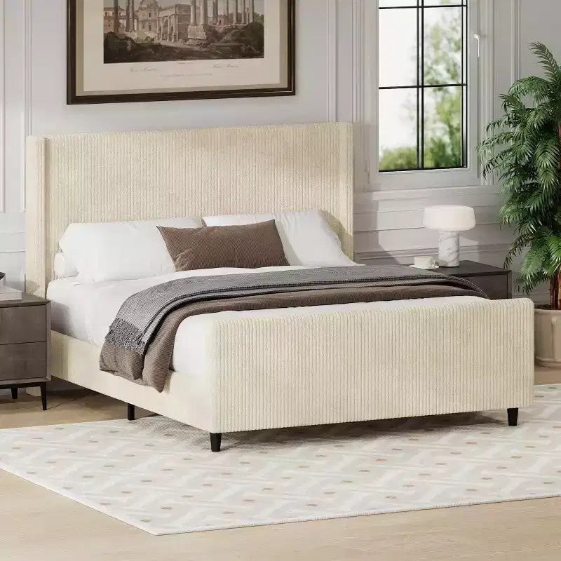 GDFStudio Shelley Corduroy Upholstered Platform Bed Frame with Wingback Headboard and High Footboard