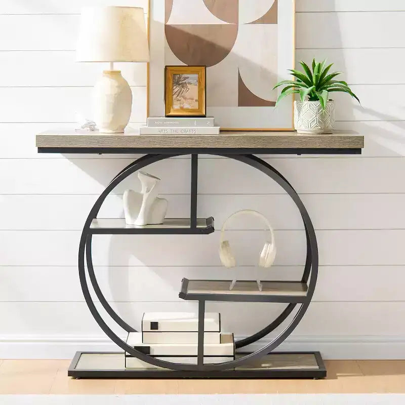 Industrial 4-Tier Console Table with Metal Frame and Wood Shelves