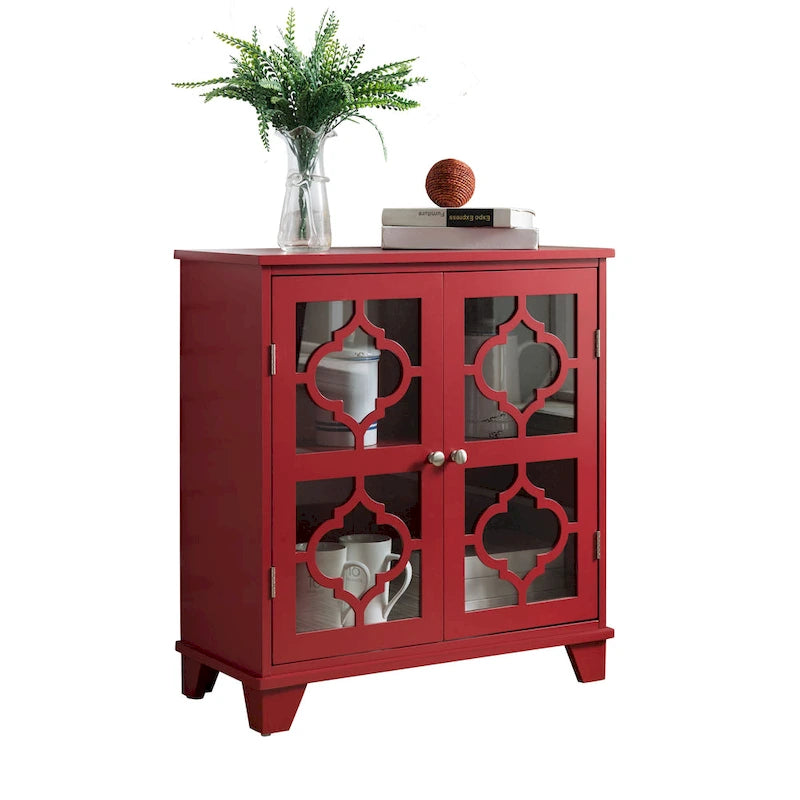 Red Finish Wood Door Console Table with Moroccan Glass Panel Doors