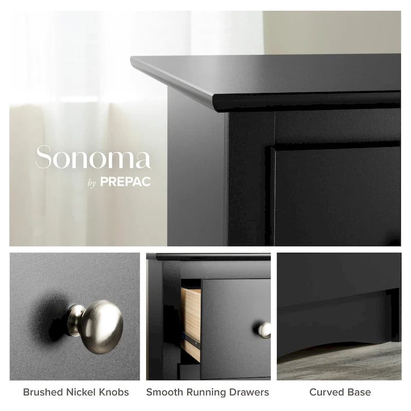 6-Drawer Tall Bedroom Dresser, Black Laminate, Brushed Nickel Knobs, 52.75H