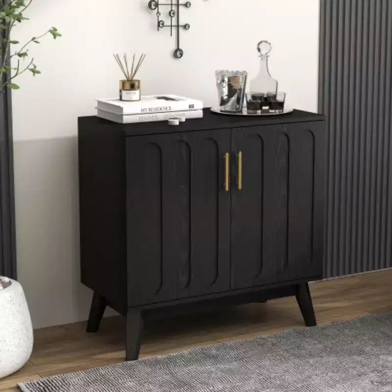 32 Mid-Century Modern Fluted Accent Storage Cabinet, Small 2-Door Sideboard with Solid Wood Legs and Gold Handles