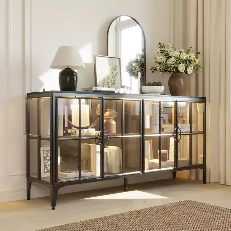 Famapy Glass Door Bookshelves Bookcase Display Storage Cabinet Sideboard with Metal Frame and LED Light for Dining Room