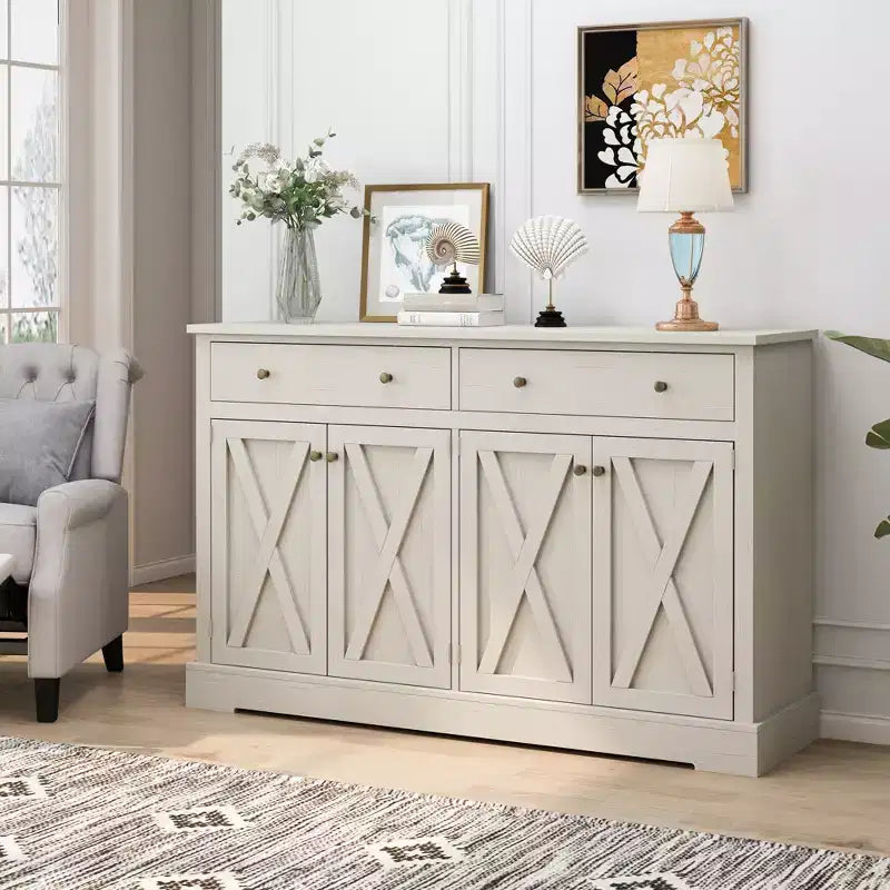 Sideboard Buffet Cabinet with Storage, 55 Large Kitchen Storage Cabinet with 2 Drawers and 4 Doors, Wood Coffee Bar Buffet Table