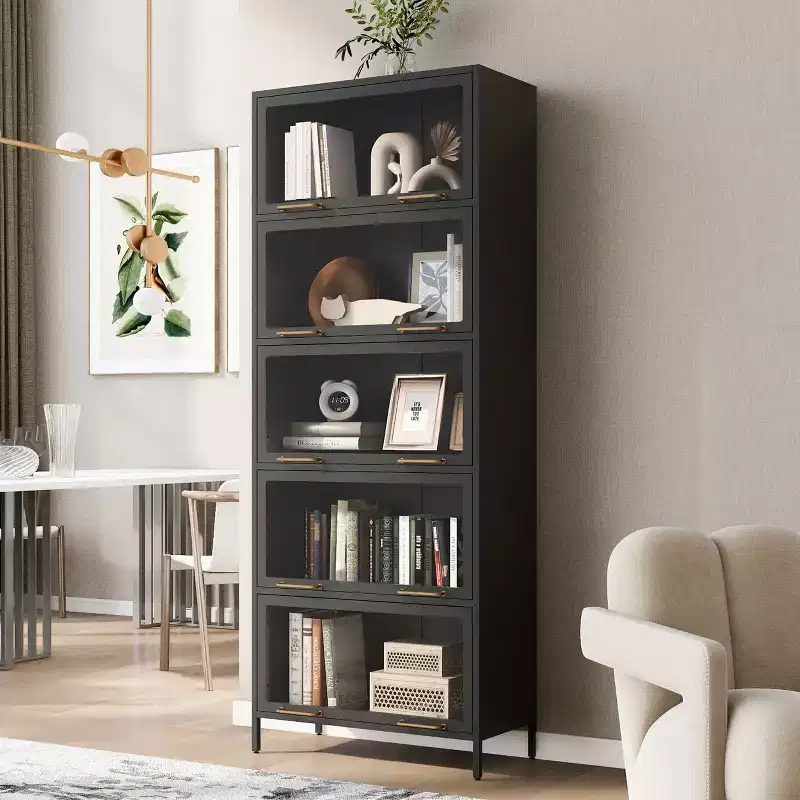 Tall Display Cabinet with Glass Doors, 5-Tier Steel Barister Bookcase Curio Cabinet Storage Cabinet Accent Cabinet Pantry Organizer, Black-ModernLuxe