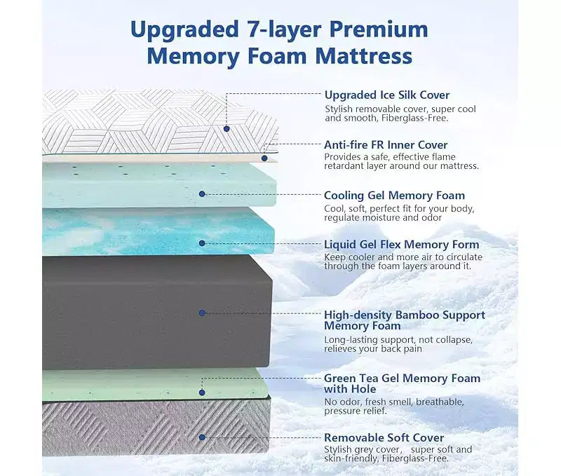 Dyonery Soft mattress, full-size 12/14-inch memory foam bed mattress, ice silk covered, high-quality cool green tea/gel mattress, white