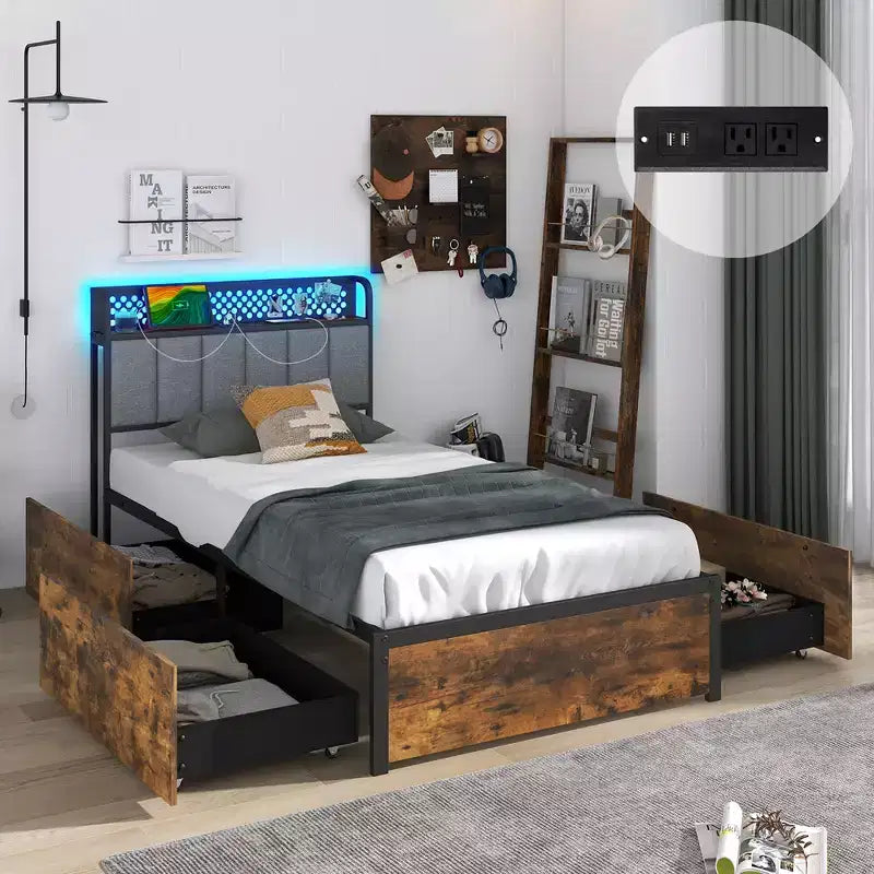 Costway LED Bed Frame Twin/Full/Queen Size w/ Charging Station Upholstered Headboard 4 Drawers