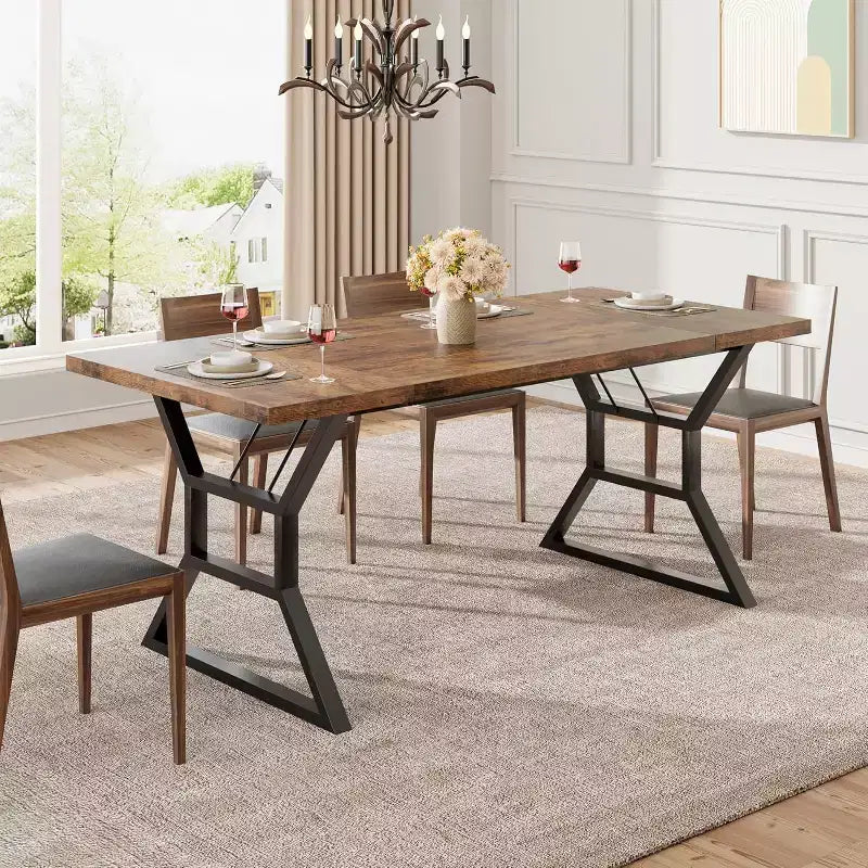Rectangular Dining Table for 6, Heavy-Duty Metal Legs, Brown