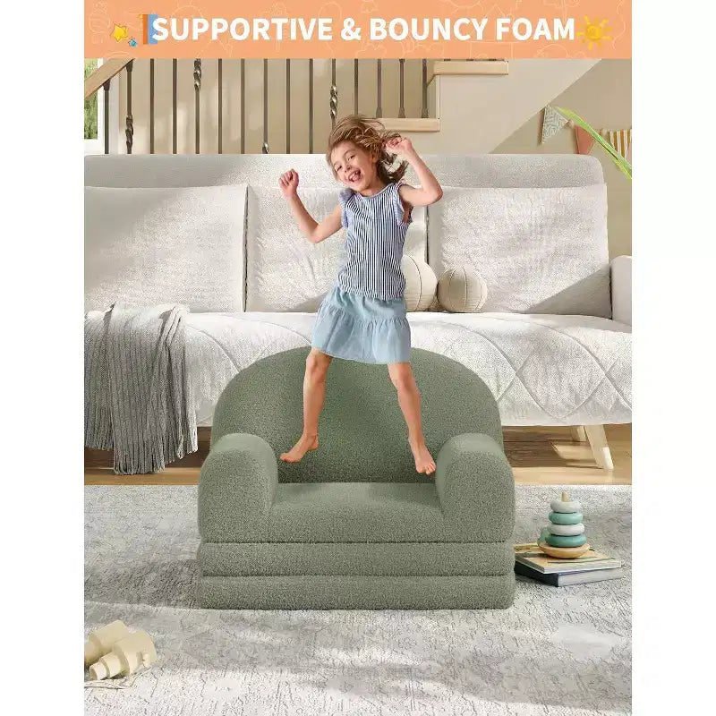 Kids Sofa Chair, 2-in-1 Convertible Toddler Couch Lounger, Comfy Fold Out Teddy Fleece Fabric Children's Sofa Bed for Playroom, Bedroom, Nursery