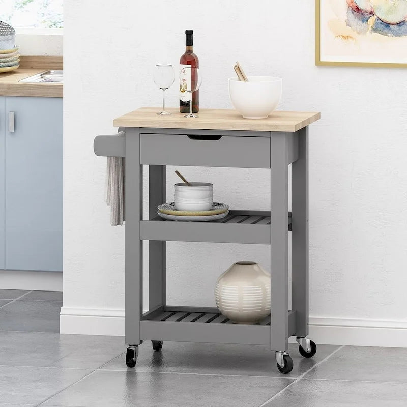 Compact Rolling Kitchen Cart with Rubberwood Top Drawer 2 Slatted Shelves and Towel Rack