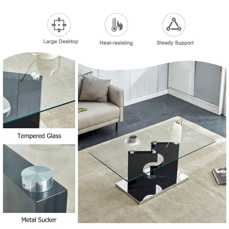 47.2x25.5x18 Rectangular Modern Coffee Table with Tempered Glass Top and Black MDF Legs