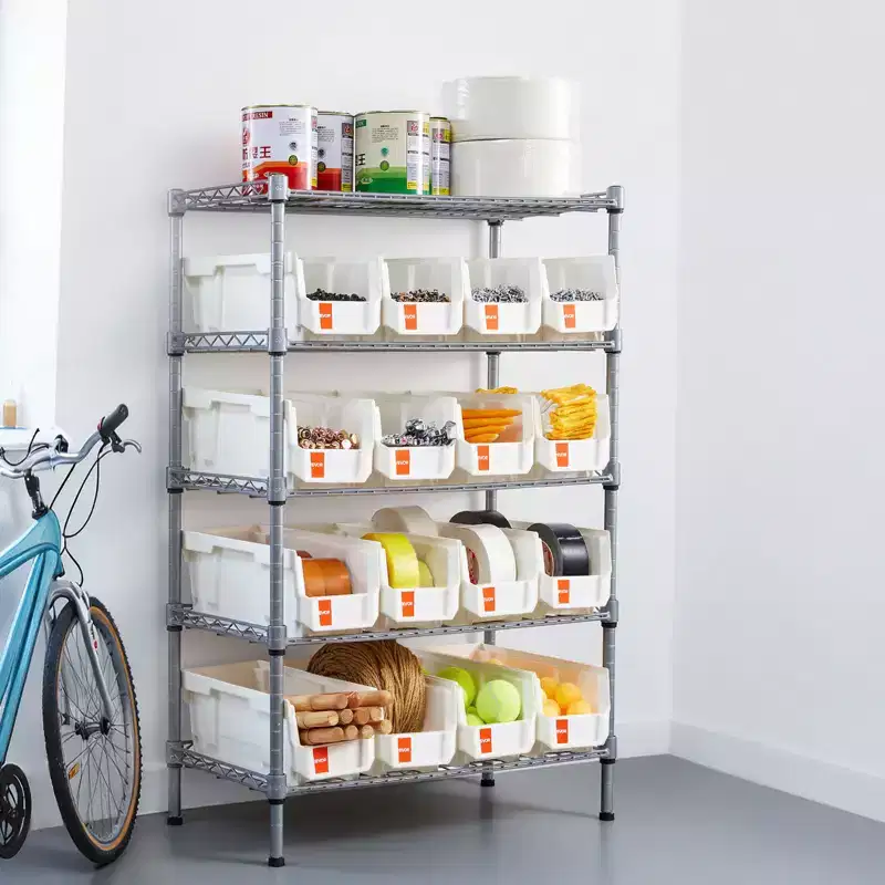 VEVOR 5-Tier Rolling Bin Storage Rack, 16 Organizer Bins, Bin Rack Storage Steel Wire Shelving System with Wheels, Mobile Tool Organizer,Silver+White