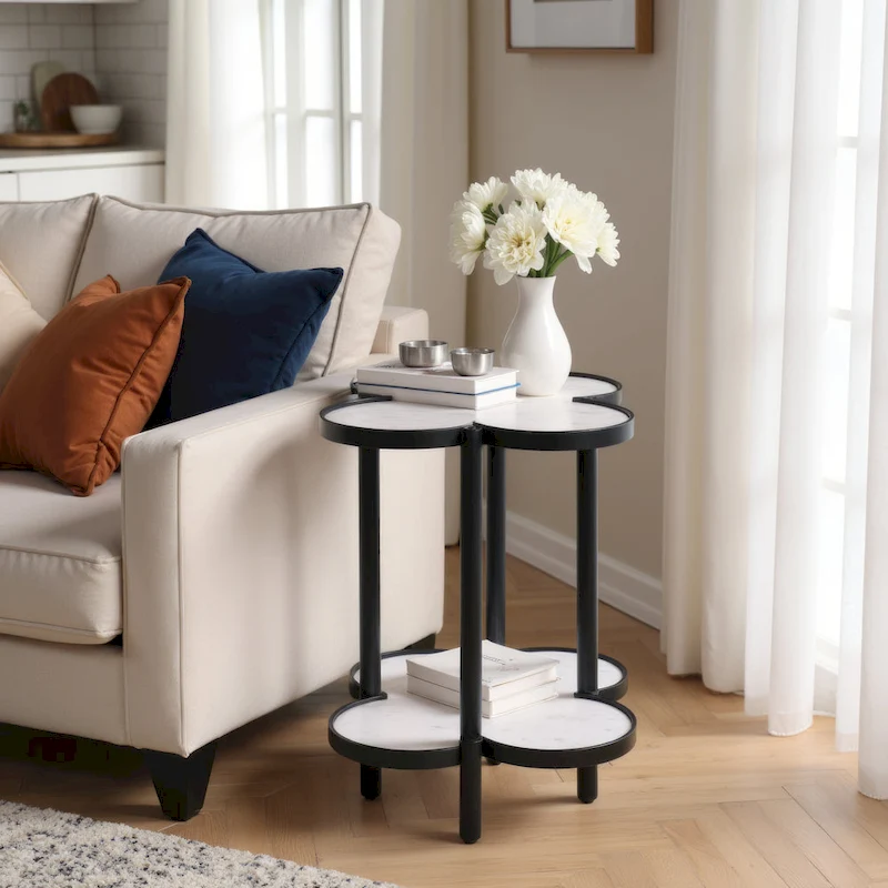 Chloe Side End Table, White Genuine Marble Clover Shape Top With Black Iron Frame