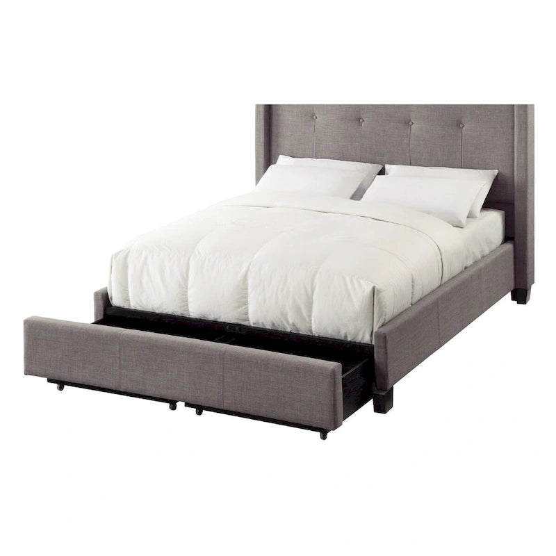 Low Profile Queen Platform Bed with Tufted Headboard & 2 Footboard Storage Drawers �C Grey