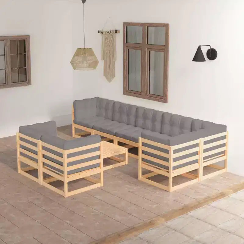 vidaXL Garden Lounge Set Natural Wood, Grey Cushions