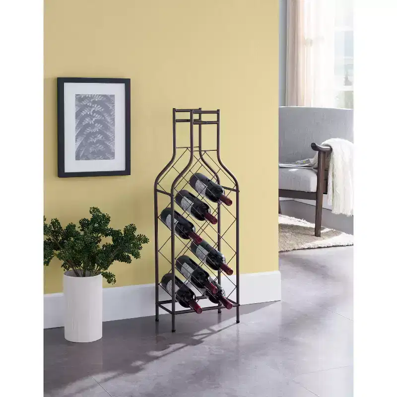 12 Bottles Freestanding Floor Metal Wine Rack Wine Bottle Holders Stands for Home with Bottle Shape Bar Stand for Liquor, Pewter