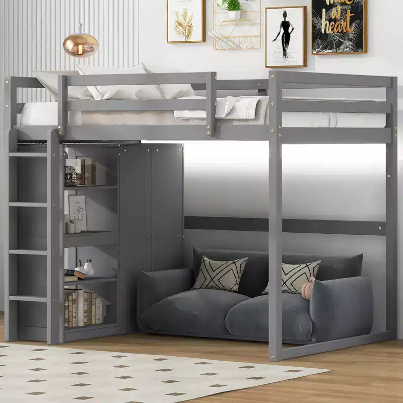 Full Size Wood Loft Bed with Built-in Wardrobe, Storage Shelves & LED Light, White/Gray - ModernLuxe