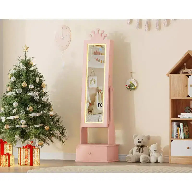 Kids Jewelry Cabinet with LED Full-Length Mirror,Freestanding Princess Vanity with Drawers & Jewelry Organizer,Armoire with Lights for Girls Dress Up