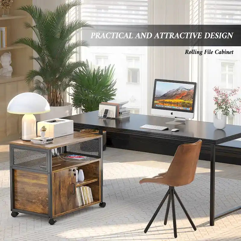 Rolling File Cabinet Lateral Office Filing Cabinets with Charging Station,Modern Printer Stand on Wheels
