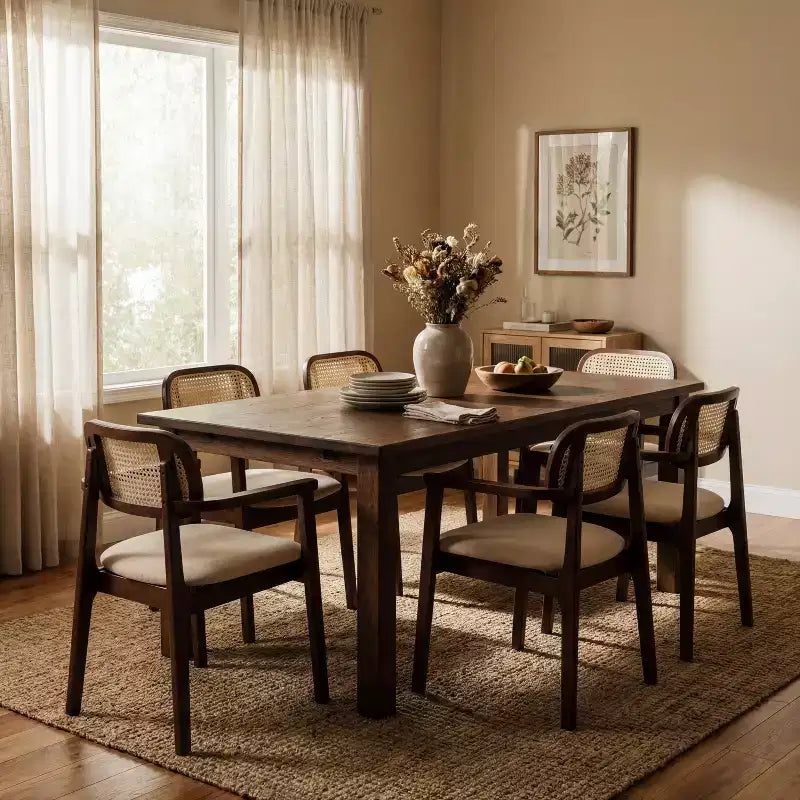 Christopher Knight Home Amaris Mid-Century Modern Wood Upholstered Dining Chair with Rattan-Weave Backrest (Set of 6)