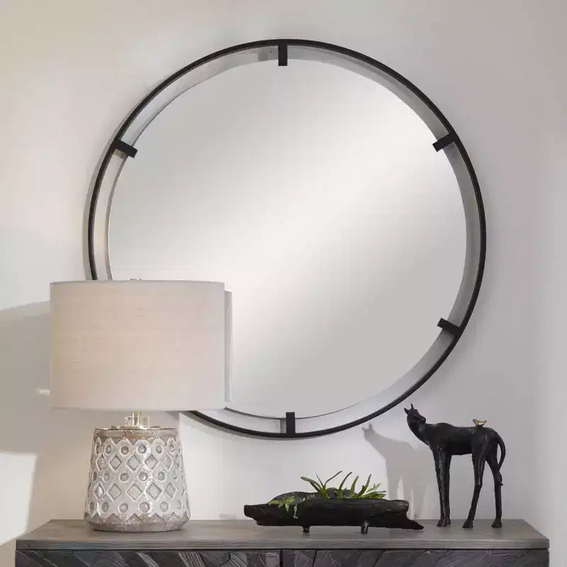 Uttermost Round Vanity Decorative Accent Wall Mirror Modern Satin Black Iron Frame 34 Wide for Bathroom Bedroom Living Room Home