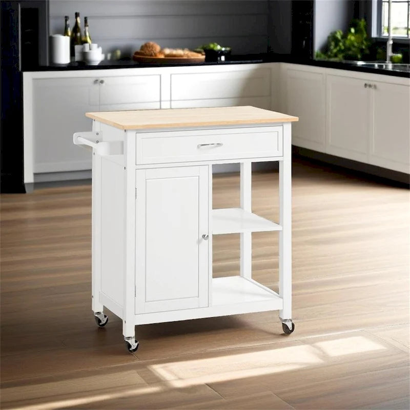 White Rolling Kitchen Island Cart with Solid Wood Top Drawer Cabinet and Open Shelves