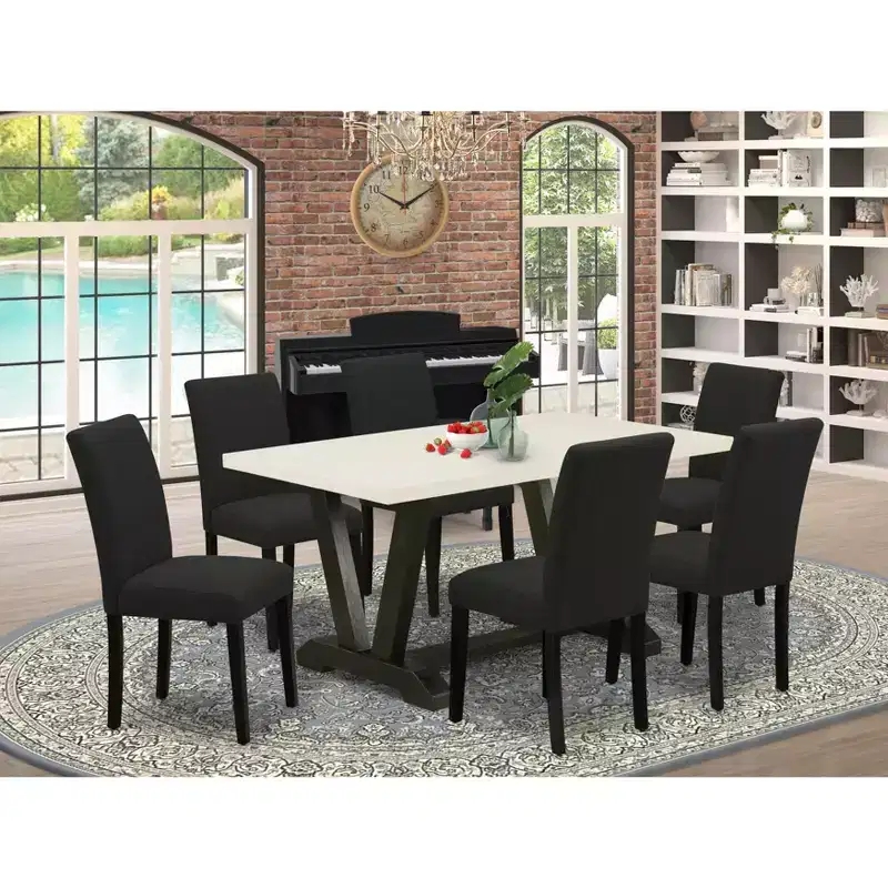 HomeStock Belmont 7-Piece Dining Set Includes 6 Kitchen Chairs with Upholstered Seat and High Back and a Rectangular Kitchen Table - Black Finish