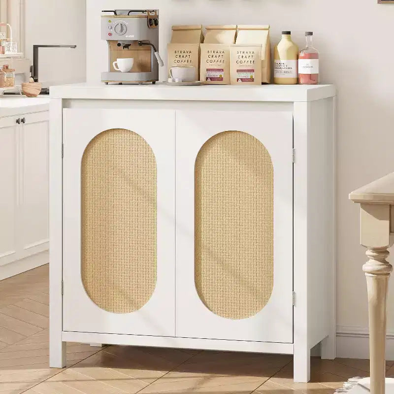 Acekool Wood Color Storage Cabinet Sideboard Buffet with Rattan Doors & Adjustable Shelf, Accent Cabinet for Living Room