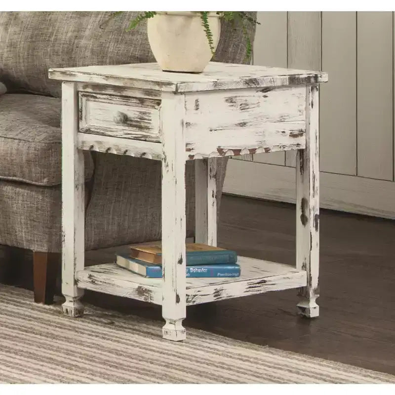 Rustic Cottage Chairside End Table with 1 Drawer & 1 Shelf Antique Dental Work, Distressed White Finish & Square Turned Legs for Living Room